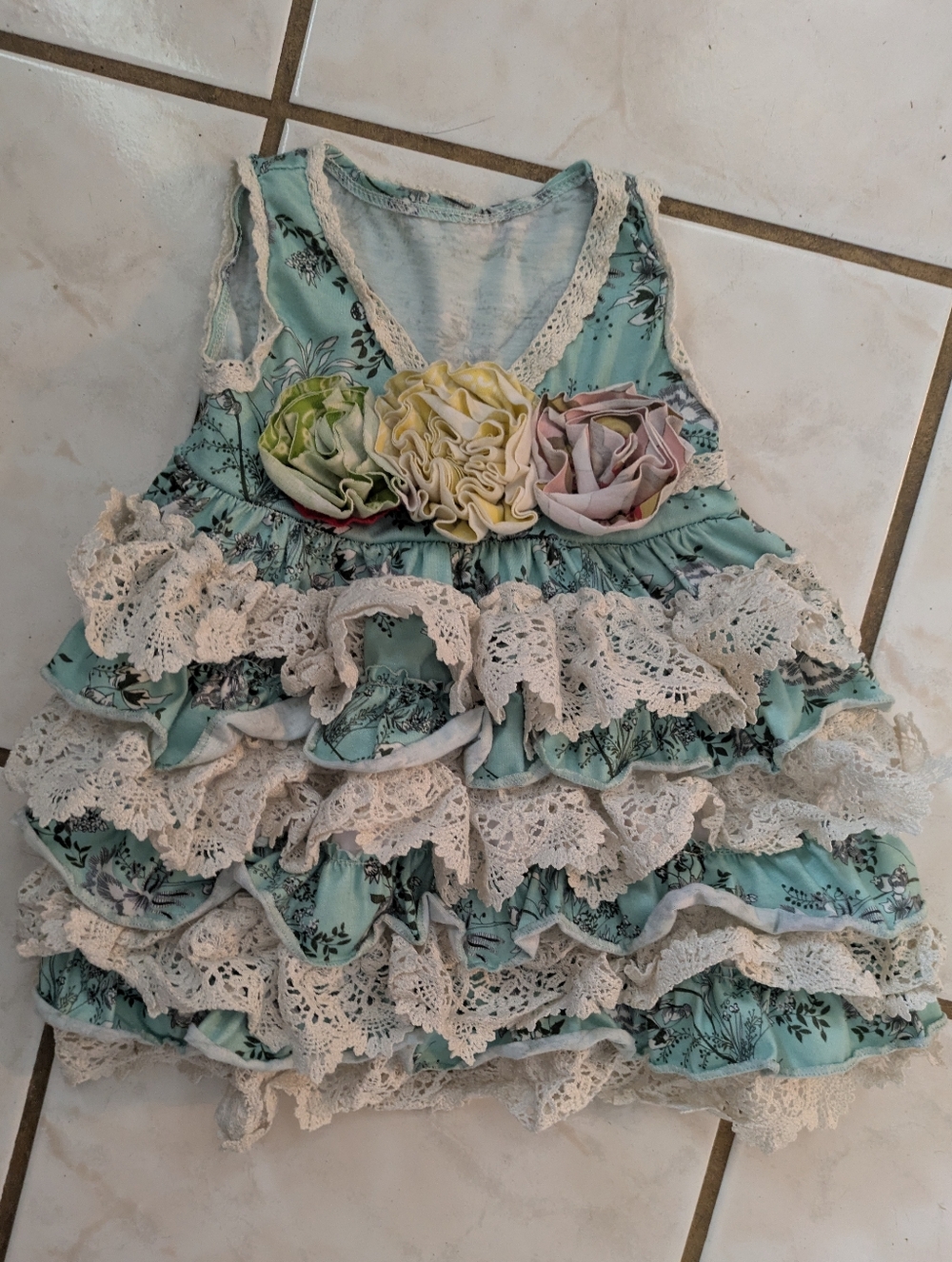 Vintage Inspired Mint Floral Tiered Ruffle Lace Boutique Dress 12 To 18 Months